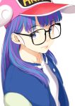  blue_eyes dr._slump glasses jacket long_hair maeda_risou multicolored_hair norimaki_arale purple_hair simple_background two-tone_hair white_background winged_hat 