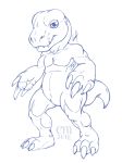  2018 3_toes agumon ambiguous_gender anthro black_and_white blue_and_white claws digimon digimon_(species) featureless_crotch hi_res looking_at_viewer mily_gal&iacute;ndez monochrome muscular nude pencil_(artwork) signature simple_background solo toe_claws toes traditional_media_(artwork) watermark white_background 
