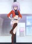  belt boots cardfight!!_vanguard cropped_jacket eyes_closed hand_on_hip high_heel_boots high_heels jewelry legs long_hair long_legs midriff miniskirt necklace one_leg_up pencil_skirt screencap skirt stitched tagme third-party_edit tokura_misaki white_hair 