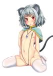  animal_ears arm_behind_back bangs blue_capelet blush cameltoe capelet commentary_request covered_nipples ebi_193 flat_chest full_body grey_hair grey_swimsuit hand_up jewelry looking_at_viewer mouse_ears mouse_tail navel nazrin no_shoes open_mouth pendant pussy_peek red_eyes revealing_clothes shiny shiny_skin short_hair sitting skindentation slingshot_swimsuit solo stomach swimsuit tail thighhighs thighs touhou wariza white_legwear 