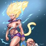  1girl abs aura bald blonde_hair breasts broken_eyewear character_request clenched_hands dark_nipples darren_geers dragon_ball dragon_ball_super earrings electricity fang floating_hair highres jewelry lips long_hair looking_at_viewer medium_breasts monkey_tail muscle muscular_female muten_roushi navel nipples old_man one_breast_out red-framed_eyewear red_eyes serious solo_focus spiked_hair super_saiyan tail torn_unitard unitard wristband 