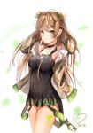  absurdres ahoge bangs bare_shoulders black_dress blush bow breasts brown_hair camouflage_jacket character_name choker cleavage collarbone commentary_request cowboy_shot dated dog_tags double_bun dress eyebrows_visible_through_hair fingerless_gloves fur-trimmed_jacket fur_trim girls_frontline gloves green_eyes hair_bow hand_behind_head highres jacket jewelry long_hair looking_at_viewer medium_breasts necklace off_shoulder paint_splatter rfb_(girls_frontline) short_dress signature sleeveless sleeveless_dress smile solo stuffed_animal stuffed_toy teddy_bear teratsuki thighs 