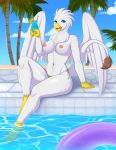  anthro avian beak bikini bikini_bottom breasts clothed clothing feathered_wings feathers female gryphon kitsunewaffles-chan looking_at_viewer outside sitting solo swimming_pool swimsuit thick_thighs tongue tongue_out topless wide_hips wings 