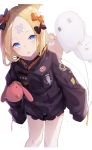  :o abigail_williams_(fate/grand_order) absurdres balloon bangs black_bow black_jacket blonde_hair blue_eyes bow crossed_bandaids eyebrows_visible_through_hair fate/grand_order fate_(series) fou_(fate/grand_order) hair_bow hair_bun head_tilt heroic_spirit_traveling_outfit highres holding holding_balloon ion_(on01e) jacket leaning_forward long_hair long_sleeves looking_at_viewer medjed object_hug open_mouth orange_bow parted_bangs polka_dot polka_dot_bow simple_background sleeves_past_fingers sleeves_past_wrists solo star stuffed_animal stuffed_toy teddy_bear white_background 