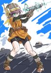  aircraft airship bike_shorts breasts chrono_trigger cloud commentary_request covered_mouth firing glasses gun helmet lucca_ashtear one_eye_closed purple_hair s-a-murai scarf short_hair shorts shorts_under_skirt solo turret weapon 