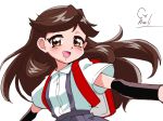  90s arashio_(kantai_collection) arm_warmers backpack bag brown_eyes brown_hair choroli_(chorolin) kantai_collection long_hair looking_at_viewer open_mouth outstretched_arms parody randoseru shirt short_sleeves signature simple_background solo style_parody white_background white_shirt 