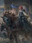  armor armored_boots boots cape copyright_name faceless faceless_male flag gloves hair_ornament helmet horse horseback_riding legend_of_the_cryptids livia_prima official_art pink_eyes pink_hair riding solo_focus 