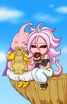  android_21 bare_shoulders black_footwear black_sclera black_sleeves black_tubetop boots bracelet character_name chibi cliff cookie dabura detached_sleeves doughnut dragon_ball dragon_ball_fighterz earrings eating food full_body hair_between_eyes harem_pants heart high_heels hoop_earrings jewelry koyukiyasu long_hair majin_android_21 majin_buu midriff navel pants pillarboxed pink_skin pointy_ears purple_hair red_eyes sitting solo strapless tail tongue tongue_out tubetop white_pants yellow_footwear 