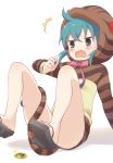  1girl bare_legs blue_hair blush buchi_(y0u0ri_) commentary_request eyebrows_visible_through_hair fang geta highres hood hoodie japari_coin kemono_friends long_sleeves neck_ribbon open_mouth ribbon sandals short_hair snake_tail solo striped sweatdrop tail tengu-geta tsuchinoko_(kemono_friends) 