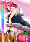  apron artist_logo artist_name black_legwear blush card_(medium) character_name closed_mouth commentary cup english_commentary frills from_behind from_below gainoob garter_straps looking_at_viewer looking_back looking_down love_live! love_live!_school_idol_project maid maid_headdress nishikino_maki panties pantyshot purple_eyes rainbow_gradient red_hair short_hair short_sleeves smile solo teacup teapot thighhighs tomato trading_card underwear upskirt white_panties 