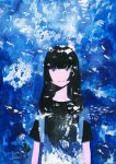  aquarium black_eyes black_hair blue color_ink_(medium) light_smile long_hair mole mole_under_mouth no_nose original signature solo texture traditional_media wayukako 