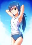  armpits arms_behind_head blue_background blue_buruma blue_hair brown_eyes buruma character_name collarbone cowboy_shot eyebrows_visible_through_hair gradient gradient_background gym_uniform hair_between_eyes idolmaster idolmaster_(classic) kisaragi_chihaya long_hair ns.x ponytail shiny shiny_hair shirt sleeveless sleeveless_shirt smile solo standing white_shirt 