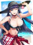  ;d bangs beach bikini black_bikini black_hat blue_eyes blunt_bangs breasts choker cleavage collarbone contrapposto cross cross_choker day earrings eyebrows_visible_through_hair fate/grand_order fate_(series) frilled_bikini frills hand_on_hip hat jewelry large_breasts long_hair looking_at_viewer navel ocean one_eye_closed open_mouth outdoors purple_hair saint_martha saint_martha_(swimsuit_ruler)_(fate) sano_(kabe_03) sarong smile solo star sun_hat swimsuit twitter_username very_long_hair 