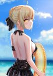  ahoge arm_garter artoria_pendragon_(all) artoria_pendragon_(swimsuit_rider_alter) back backless_outfit black_swimsuit blonde_hair blue_sky blurry blurry_background bow braid breasts cloud dated day eyebrows_visible_through_hair fate/grand_order fate_(series) french_braid from_behind hair_bow halterneck highres looking_at_viewer looking_back medium_breasts one-piece_swimsuit satomi_(745684552) signature sky solo swimsuit yellow_eyes 