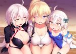  ahoge alternate_costume bare_shoulders bikini blonde_hair blue_eyes blush breasts cleavage commentary_request covered_nipples drawstring eyebrows_visible_through_hair fate/grand_order fate_(series) gloves groin hair_between_eyes headpiece jeanne_d'arc_(alter_swimsuit_berserker) jeanne_d'arc_(fate)_(all) jeanne_d'arc_(swimsuit_archer) jeanne_d'arc_alter_santa_lily large_breasts long_hair medium_breasts multiple_girls off_shoulder one_eye_closed open_mouth satou_kuuki short_hair shrug_(clothing) small_breasts swimsuit swimsuit_under_clothes thigh_gap thigh_strap very_long_hair white_hair yellow_eyes 