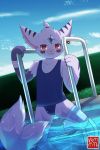  anthro canine clothing ear_piercing fur hi_res hybrid lagomorph male mammal open_mouth piercing purple_fur rabbit red_eyes solo sunnynoga swimming_pool swimsuit water wet wet_fur wolf young 