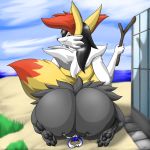  anthro big_breasts big_butt black_fur blue_fur braixen breasts building butt butt_crush canine claws dog duo female fur hair hi_res husky inner_ear_fluff katerian larger_female looking_back macro mammal micro micro_abuse micro_on_macro nintendo nude pok&eacute;mon pok&eacute;mon_(species) red_eyes red_fur red_nose sat_on size_difference smile stick video_games white_fur yellow_fur 