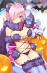  animal_ears bat blue_gloves blue_legwear blush bow breasts claws closed_mouth dangerous_beast elbow_gloves eyebrows_visible_through_hair fate/grand_order fate_(series) fou_(fate/grand_order) fur-trimmed_gloves fur-trimmed_legwear fur_collar fur_trim gloves hair_over_one_eye halloween_costume jack-o'-lantern kurot large_breasts looking_at_viewer mash_kyrielight navel o-ring o-ring_top pink_bow pink_hair pumpkin purple_eyes revealing_clothes short_hair sitting smile striped striped_bow tail thighhighs wolf_ears wolf_tail 