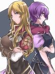  aiueo1234853 back-to-back blonde_hair blue_eyes closed_mouth commentary_request dress elbow_gloves fingerless_gloves fire_emblem fire_emblem:_shin_monshou_no_nazo from_side gloves highres katarina_(fire_emblem) kuraine long_hair multiple_girls purple_hair red_scarf scarf short_hair short_sleeves 