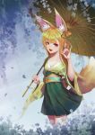  :d absurdres animal_ear_fluff animal_ears blonde_hair breasts day fang flower fox_ears fox_tail full_body green_skirt hand_up highres izumi_(sdorica_-sunset-) looking_at_viewer open_mouth outdoors parasol penkake red_eyes sdorica_-sunset- skirt small_breasts smile solo standing tail umbrella wide_sleeves 