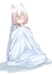  against_wall animal_ears blanket closed_eyes commentary_request facing_viewer highres original parted_lips pink_hair shirt sitting sleeping sleeping_upright solo striped striped_shirt suzunari_arare white_background white_shirt yuki_arare 