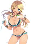  ;d ahoge ass_visible_through_thighs bikini bikini_tan blonde_hair blue_eyes bracelet breasts cleavage commentary_request contrapposto cowboy_shot flower front-tie_bikini front-tie_top hachimiya_meguru hair_flower hair_ornament head_tilt idolmaster idolmaster_shiny_colors jewelry large_breasts layered_bikini long_hair looking_at_viewer low_twintails navel necklace one_eye_closed ootomo_takuji open_mouth shiny shiny_skin side-tie_bikini simple_background skindentation smile solo swimsuit tan tanline twintails wet white_background 