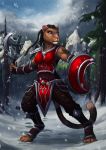  2018 4_toes anthro armor black_hair blue_eyes clothed clothing day detailed_background digital_media_(artwork) digitigrade feline female hair holding_object holding_weapon lion mammal outside shield sky solo standing tasanko toes weapon 