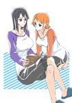  :/ arm_support bangs barefoot black_eyes black_hair book brown_eyes casual closed_mouth collarbone crossed_legs futo_(hbnn328) holding holding_book kneeling knees long_sleeves looking_at_another medium_hair multiple_girls nami_(one_piece) nico_robin one_piece open_book orange_hair raglan_sleeves reading shirt short sitting slippers smile swept_bangs toes 