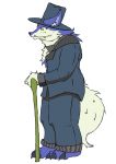  cane coat fur geto-velchu_(character) hands_on_cane hat mammal misoden_(artist) multicolored_fur purple_fur sharp_teeth slit_pupils teeth top_hat unknown_species white_fur white_tail yellow_eyes 