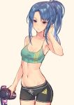  alice_gear_aegis arm_up armpits bangs beige_background bike_shorts blue_hair bottle breasts cowboy_shot crop_top highres long_hair midriff navel parted_bangs parted_lips ponytail purple_eyes sidelocks sigm@ simple_background sketch small_breasts solo sweat takanashi_rei water_bottle 