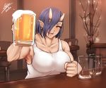  airisubaka alcohol artist_name beer blue_hair breasts earrings elf-san_wa_yaserarenai. hair_over_one_eye jewelry large_breasts looking_at_viewer muscle muscular_female oga-san oni oni_horns open_mouth pointy_ears short_hair signature smile solo yellow_eyes 