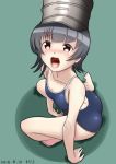  arare_(kantai_collection) artist_name ass bangs barefoot black_hair blue_swimsuit blush breasts brown_eyes collarbone competition_school_swimsuit dated dimples_of_venus eyebrows_visible_through_hair green_background hat kantai_collection looking_at_viewer mokerou nose_blush one-piece_swimsuit open_mouth school_swimsuit short_hair sitting small_breasts solo swimsuit tearing_up yokozuwari 