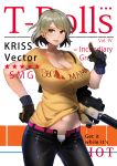  absurdres assault_rifle black_pants breasts brown_gloves character_name cleavage clothes_writing commentary contrapposto cowboy_shot english_commentary fake_magazine_cover girls_frontline gloves grey_hair gun hand_on_hip highres huge_breasts kion-kun kriss_vector looking_at_viewer open_fly panties pants parted_lips pointing pointing_at_viewer rifle shirt short_hair short_sleeves smile solo standing submachine_gun unbuttoned_pants underwear vector_(girls_frontline) weapon white_panties yellow_eyes yellow_shirt 