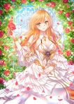  angelia blonde_hair blue_sky blush breasts chinobara day detached_sleeves dress flower green_eyes long_hair looking_at_viewer medium_breasts petals rose sdorica_-sunset- sky smile solo tiara 