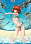  adsouto ahoge beach bikini blue_sky blush bow breasts brown_hair curly_hair day eyebrows_visible_through_hair freckles frilled_bikini frills glowing green_bikini green_eyes hair_bow highres looking_at_viewer motion_blur navel palm_tree penny_polendina rwby short_hair sky small_breasts smile solo strapless strapless_bikini swimsuit sword tree water watermark weapon 
