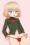  blonde_hair blue_eyes blush breasts cameltoe cro girls_und_panzer highres katyusha looking_at_viewer military military_uniform navel open_mouth panties pink_background red_panties simple_background small_breasts solo thong underwear uniform 