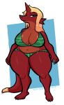  2018 3_toes 4_fingers anthro belly big_breasts bikini blonde_hair breasts claws cleavage clothed clothing dipstick_tail dragon eyelashes female green_eyes hair half-closed_eyes horn huge_breasts looking_at_viewer multicolored_tail navel newtype_hero non-mammal_breasts reptile scalie slightly_chubby solo standing swimsuit thick_thighs toes wide_hips 