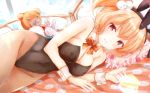  animal_ears bed black_leotard bow bowtie breasts brown_eyes brown_legwear bunny_ears bunny_girl bunny_tail bunnysuit cleavage commentary_request cowboy_shot detached_collar girlfriend_(kari) highres leotard looking_at_viewer lying masa_(mirage77) on_side orange_hair orange_neckwear pantyhose parted_lips short_hair side_ponytail solo strapless strapless_leotard stuffed_animal stuffed_bunny stuffed_toy tail teddy_bear tomura_michiru wallpaper wrist_cuffs 
