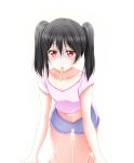  all_fours barefoot black_hair blue_shorts collarbone crop_top flat_chest hair_between_eyes long_hair looking_at_viewer love_live! love_live!_school_idol_project midriff mouth_hold navel pink_shirt red_eyes roaru_(gyuren) shirt short_shorts shorts simple_background sleeveless sleeveless_shirt solo stomach sweat thigh_gap twintails white_background yazawa_nico 