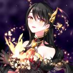  ara_han black_gloves black_hair choker chuki_(lydia) collarbone earrings elbow_gloves elsword floating_hair gloves hair_between_eyes hair_ornament jewelry long_hair parted_lips red_lips solo strapless upper_body very_long_hair yama_raja_(elsword) yellow_eyes 