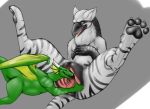  ambiguous_gender anthro anus avian beak ceylon dragon duo female gaping gaping_pussy greenwing_(character) grey_background gryphon hand_on_chest horn imminent_vore lying membranous_wings on_back open_mouth pawpads paws pussy runa216 simple_background spread_legs spread_pussy spreading story story_in_description talons tieldraggy unbirthing vore wings 
