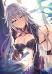  ahoge all_fours asymmetrical_clothes bikini black_bikini black_jacket blush breasts choker cleavage commentary_request cropped_jacket dutch_angle eyebrows_visible_through_hair fate/grand_order fate_(series) hair_between_eyes highres hinot jacket jeanne_d'arc_(alter_swimsuit_berserker) jeanne_d'arc_(fate)_(all) large_breasts long_hair looking_at_viewer o-ring o-ring_bikini open_mouth red_legwear shiny shiny_skin shrug_(clothing) single_thighhigh solo swimsuit thighhighs very_long_hair yellow_eyes 