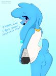  2018 absurd_res anthro backsack balls beep_beep_i&#039;m_a_sheep biped black_eyes black_hooves black_nose blue_background blue_balls blue_fur blue_tail blue_theme blush bottomless butt caprine clothed clothing cool_colors dialogue digital_drawing_(artwork) digital_media_(artwork) ear_piercing english_text eyelashes floppy_ears flustered fur gay_symbol gender_symbol girly half-closed_eyes head_tuft hi_res holding_object hooves iyana looking_at_viewer looking_back male mammal nervous notepad open_mouth perineum piercing pink_tongue portrait presenting presenting_hindquarters rear_view sexuality_symbol shadow sheep shirt short_tail simple_background small_waist snout solo standing stuttering symbol talking_to_viewer text three-quarter_portrait tongue toony url vertical_bar_eyes white_clothing white_topwear whygena ♂ ⚣ 