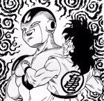  clenched_hands clenched_teeth commentary_request dougi dragon_ball dragon_ball_z facial_scar frieza greyscale hatching_(texture) highres ink_(medium) lee_(dragon_garou) long_hair male_focus monochrome multiple_boys muscle scar scar_on_cheek smile smug sweat teeth traditional_media wristband yamcha 
