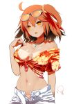  ahoge alternate_costume areola_slip areolae bare_shoulders belt bikini_tan blush breasts buckle cleavage collarbone commentary_request eyewear_on_head fate/grand_order fate_(series) floral_print fujimaru_ritsuka_(female) hair_between_eyes hair_ornament hair_scrunchie hawaiian_shirt head_tilt jewelry looking_at_viewer medium_breasts midriff navel necklace off_shoulder one_side_up open_clothes open_fly open_mouth open_shorts orange-tinted_eyewear orange_eyes orange_hair print_shirt scrunchie shirt short_sleeves shorts signature simple_background solo stomach sunglasses sweat tan tanline tied_shirt tinted_eyewear tropical_summer unbuckled_belt unzipped white-framed_eyewear white_background white_belt white_shorts yuzuki_yuno 