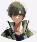  black_shirt brown_eyes closed_mouth ez_1011 free! green_hair green_jacket grey_background high_speed! jacket kirishima_ikuya looking_at_viewer male_focus open_clothes open_jacket shirt simple_background solo twitter_username upper_body 