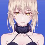  333_(pixiv8601259) artoria_pendragon_(all) blue_background breasts choker cleavage collarbone eyebrows_visible_through_hair fate/stay_night fate_(series) hair_between_eyes halterneck highres looking_at_viewer parted_lips portrait saber_alter short_hair sidelocks silver_hair simple_background sleeveless small_breasts smile solo yellow_eyes 