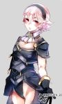  armor bangs black_armor black_gloves black_hairband blush breasts commentary_request cowboy_shot curly_hair expressionless fantasy female_my_unit_(fire_emblem_if) fire_emblem fire_emblem_if gem gloves gold_trim grey_background groin hairband half-closed_eyes highleg lips looking_at_viewer my_unit_(fire_emblem_if) negiwo outstretched_arm parted_lips pink_hair pointy_ears reaching_out red_eyes short_hair short_sleeves simple_background sketch small_breasts solo standing twitter_username wing_collar 
