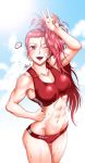  ;d abs bandaid blue_sky blush breasts buruma cameltoe captain_mizuki cloud collarbone cowboy_shot hand_on_hip heart highres jazzjack looking_at_viewer midriff muscle muscular_female navel one-punch_man one_eye_closed open_mouth red_hair side_ponytail sky smile solo sports_bra sweat thought_bubble toned v 