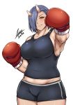  airisubaka artist_name belly blue_hair blush boxing_gloves breasts covered_navel earrings elf-san_wa_yaserarenai. hair_over_one_eye jewelry large_breasts looking_at_viewer midriff muscle muscular_female oga-san oni_horns plump pointy_ears short_hair signature simple_background smile solo white_background yellow_eyes 